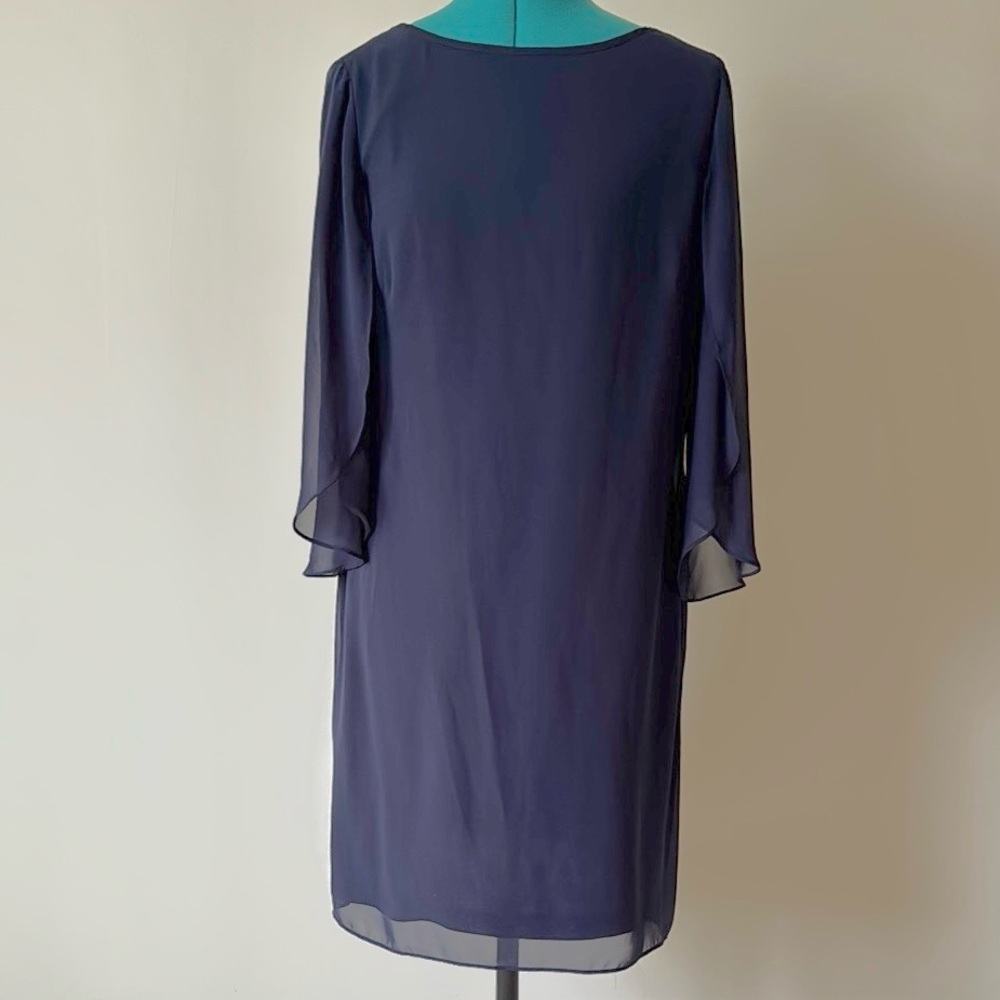 🟢 5/$25 Dress Barn | Modest Chiffon Fluttery Long Sleeve Dress in Navy Blue | 6